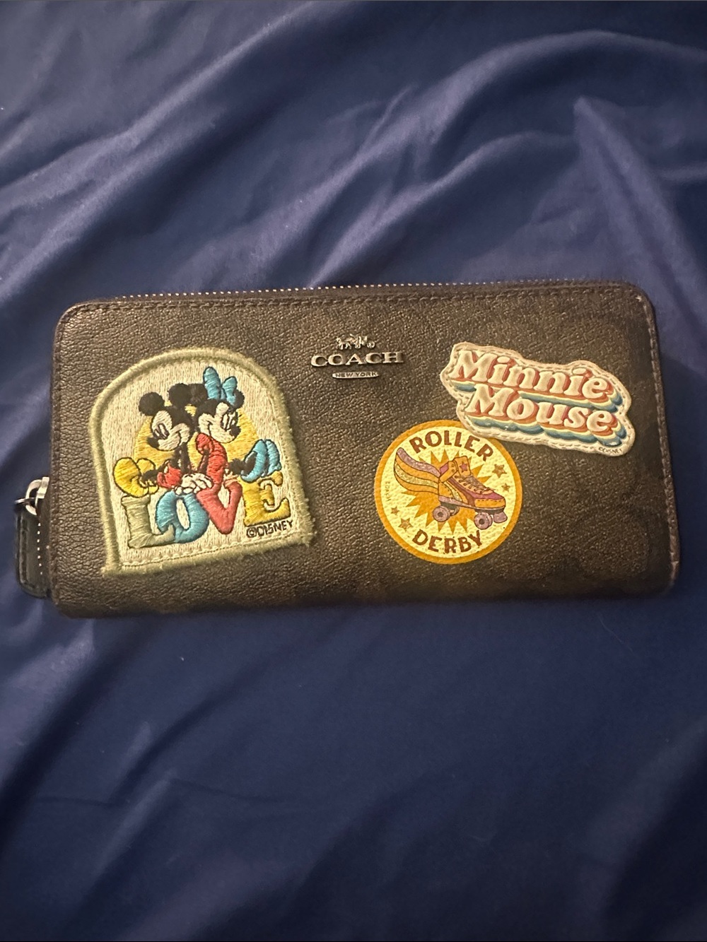 Disney x Coach Black Leather Zip Wallet with Disney Patch Trio